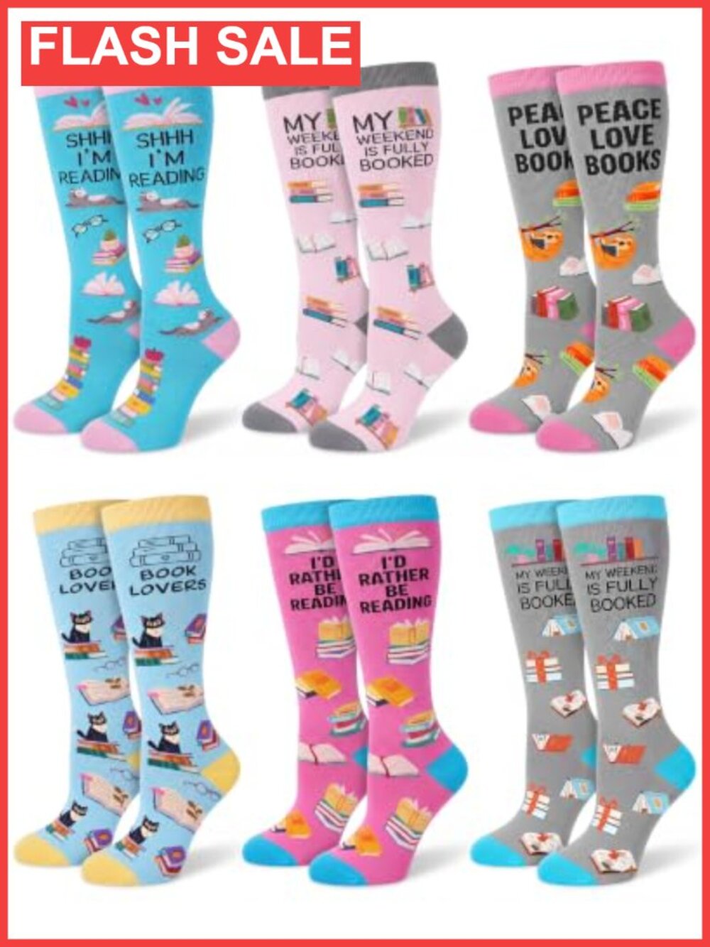 Knee High Book Lover Socks Cotton Blend 6 Pairs Reading Gift
